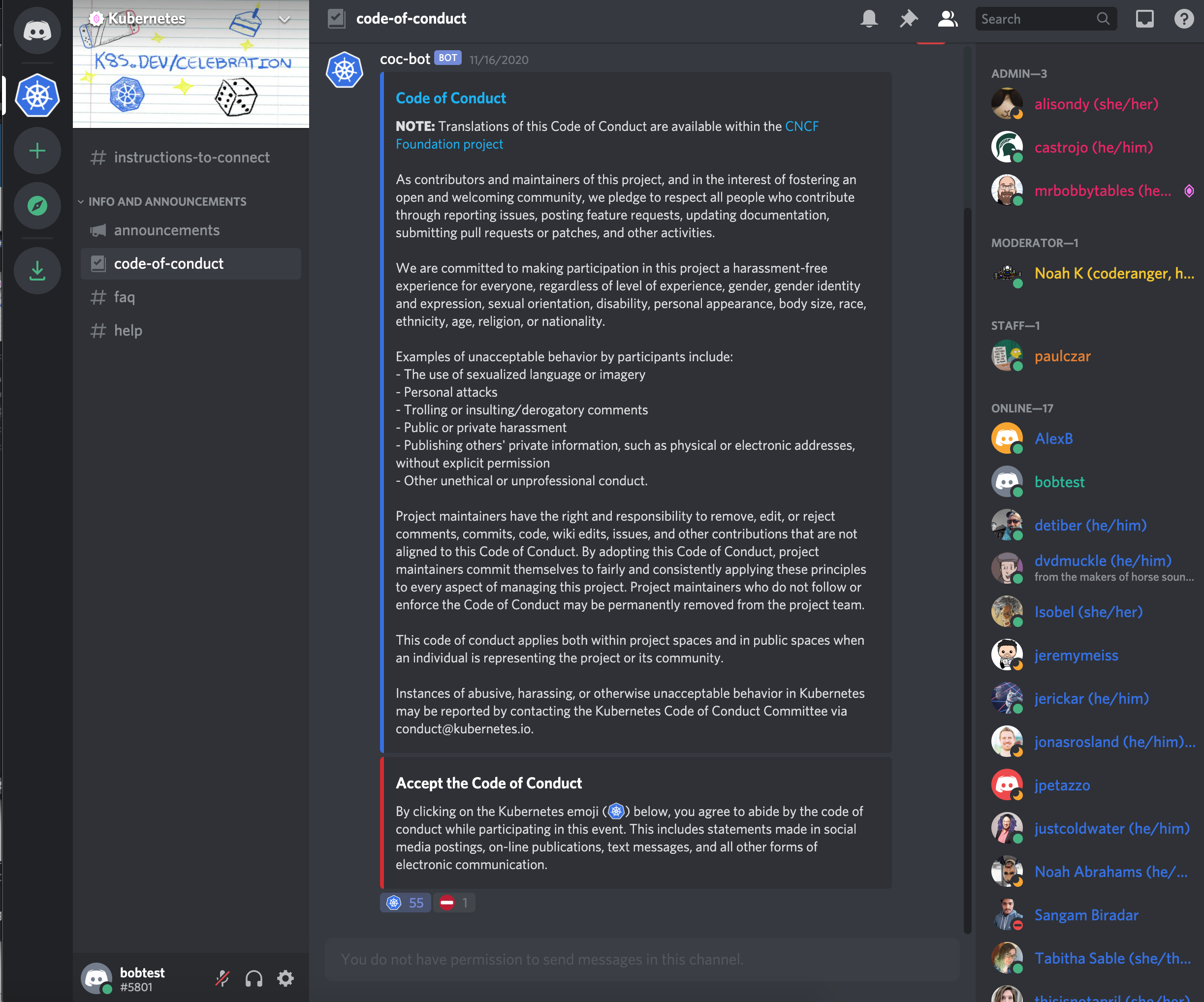 Code of Conduct agreement message in Discord